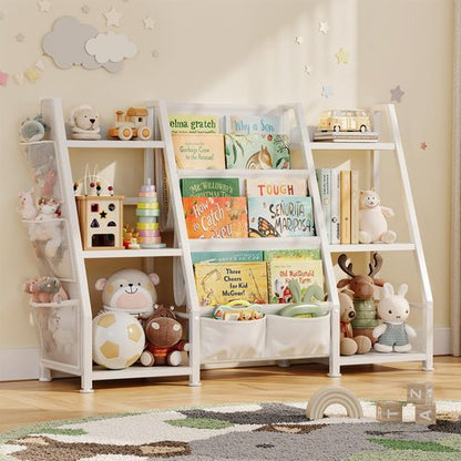 GoTiling Kids Bookshelf and Toy Storage Organizer, Triangle Frame with Extra Wide 3-Tier Sling Pockets, Freestanding Montessori Book Display Rack for Toddler Room, Nursery, and Playroom, White