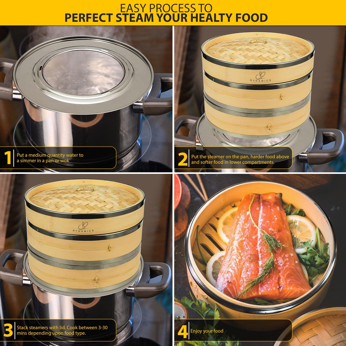 SP DYNAMICS Bamboo Steamer Basket Set Chinese Cuisine 10-inch 2 Tiers Vegetable Steaming Basket for Cooking with Chopsticks, Sauce Dishes, and Reusable Liners - Dumpling Steamer Baskets