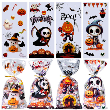 Confettiville Halloween Treat Bags, 200-Pack Cellophane Candy Goody Bags for Party Favors, Twists Included, 10.6 x 4.9 Inches, Creepy Cuties Collection