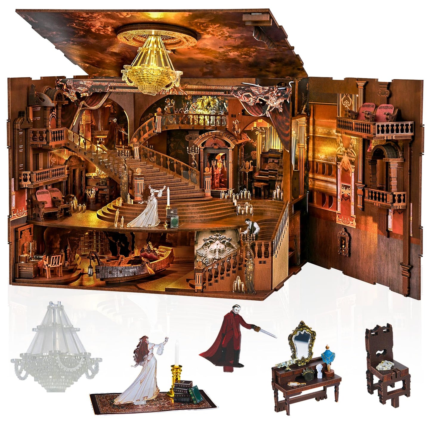 CCCDF Book Nook Kits for Adults, DIY Miniature House Kit with Dust Cover & 3-Level Dimmable LED Lights, 3D Wooden Puzzle for Collectible Home Decor Gift (Phantom of The Opera Max)