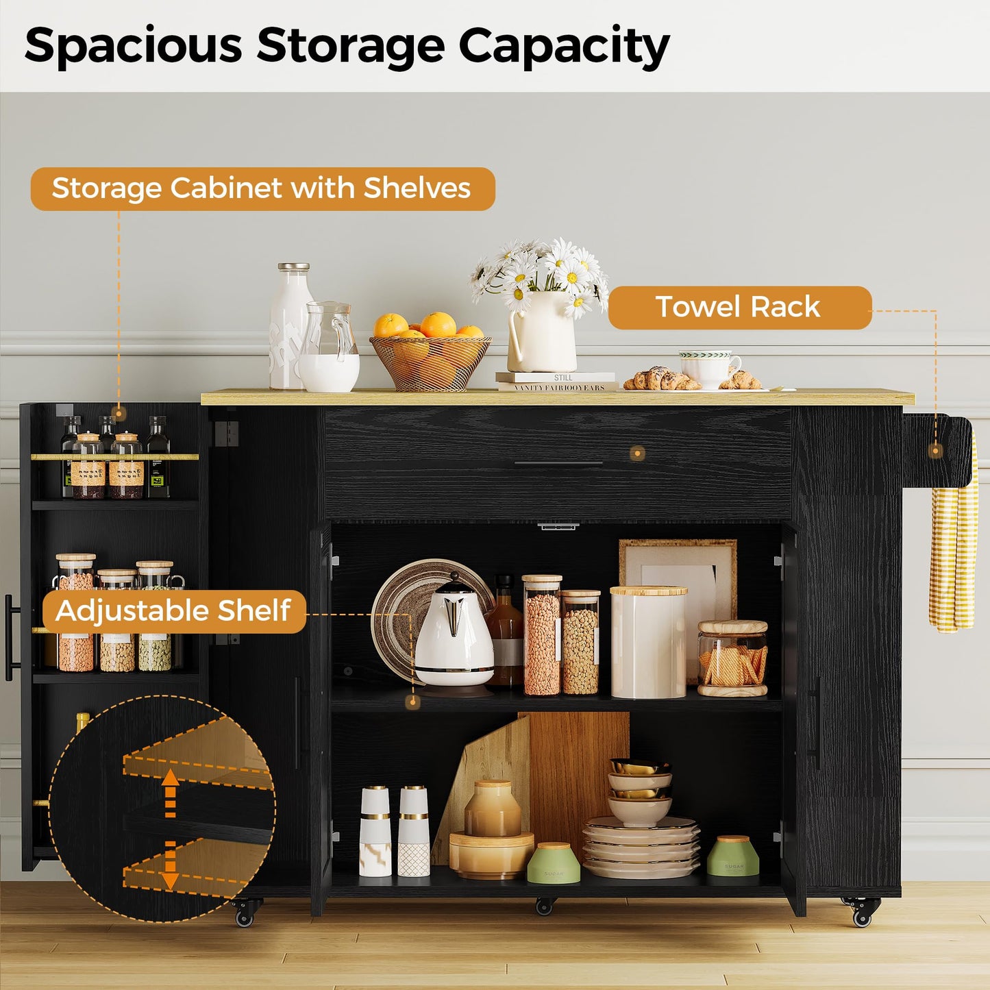 IRONCK Kitchen Island with Storage, 47.2in Rolling Island on Wheels, Kitchen Cart with Drop Leaf, Drawer and Towel Rack for Home, Dining Room