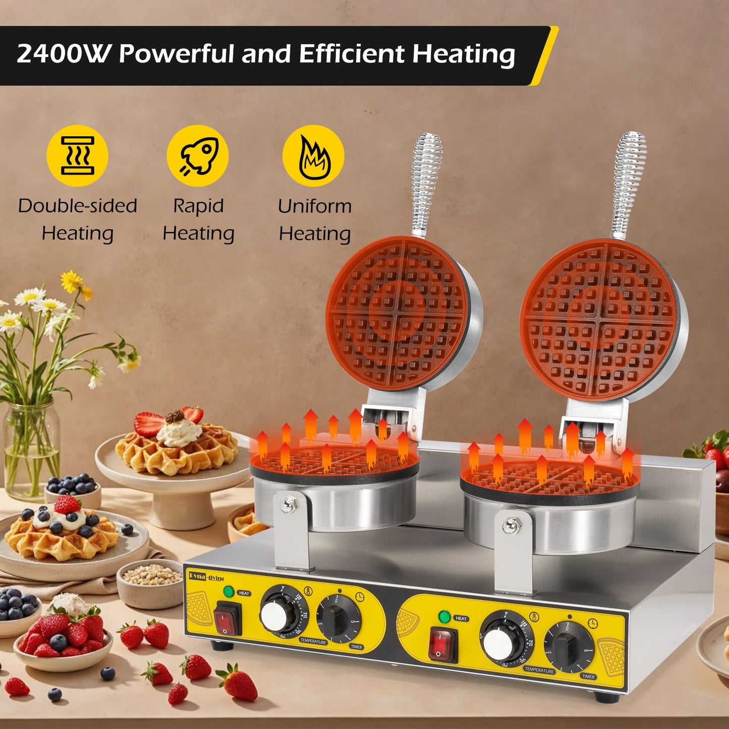 Dyna-Living Commercial Waffle Maker Double Head Waffle Maker, 2400W Non-Stick Commercial Waffle Iron Stainless Steel Waffle Machine for Restaurants, Large Waffle Machine Commercial
