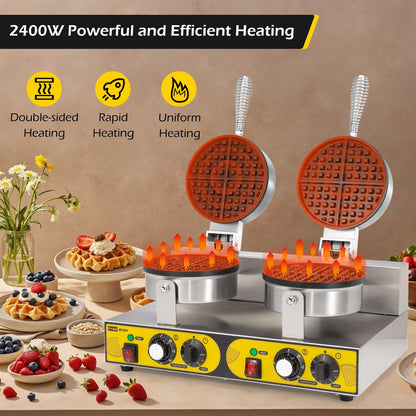 Dyna-Living Commercial Waffle Maker Double Head Waffle Maker, 2400W Non-Stick Commercial Waffle Iron Stainless Steel Waffle Machine for Restaurants, Large Waffle Machine Commercial