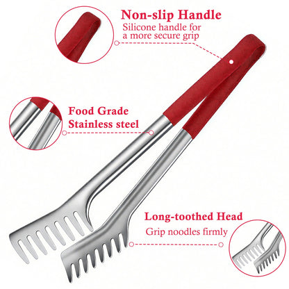 Funnydin Spaghetti Spoon and Spaghetti Tong - 12 Inch Heat-Proof Handle Spaghetti Fork and Kitchen Tong, Non-stick, Easy Storage and Dishwasher Safe Utensils for Cooking, Ergonomic Design