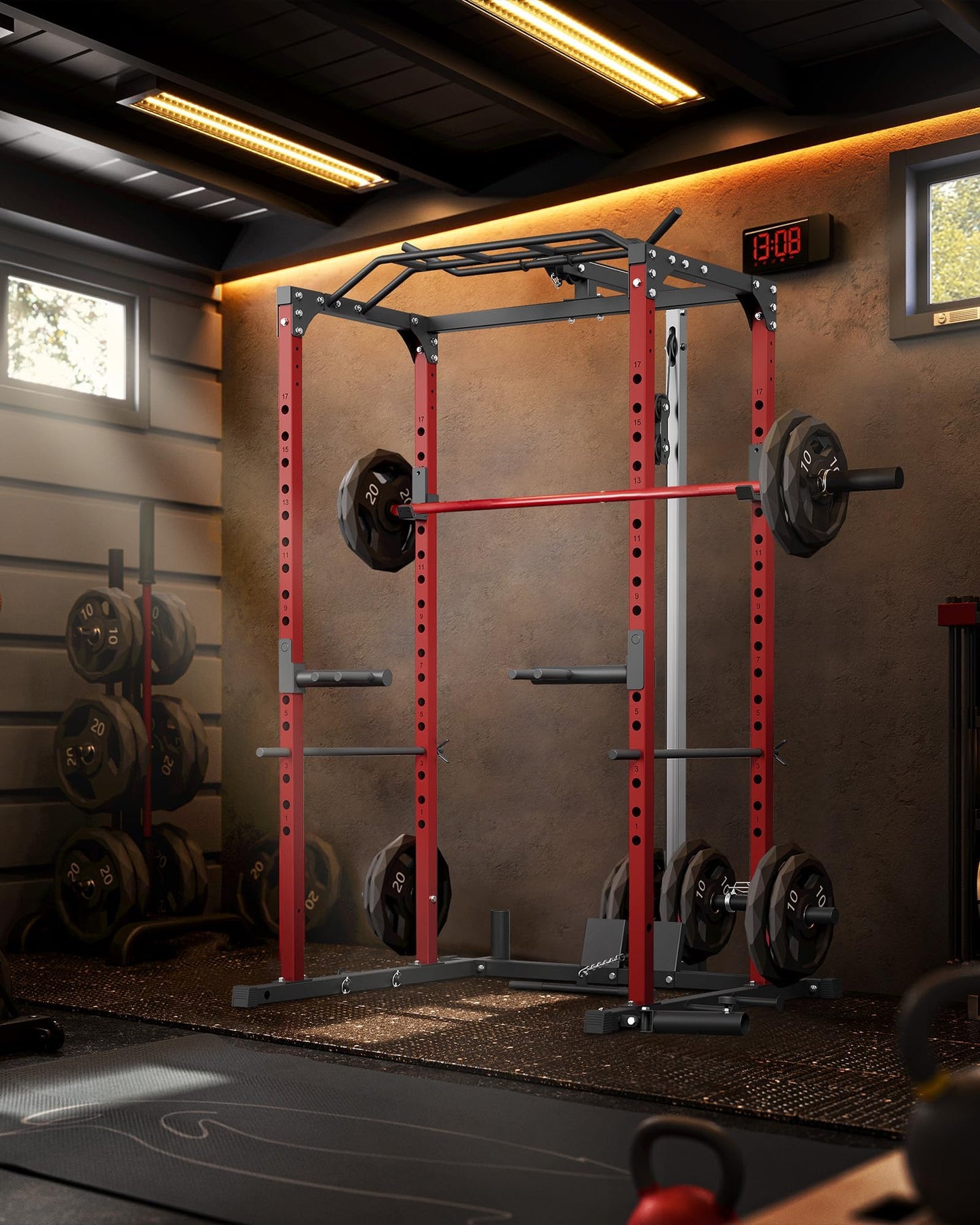 GarveeLife Power Cage, Power Racks for Home Gym with Pulley System, 1200 LBS Weight Capacity Multi-Functional Squat Rack for Strength Workout with More Training Attachment (Red D1002)