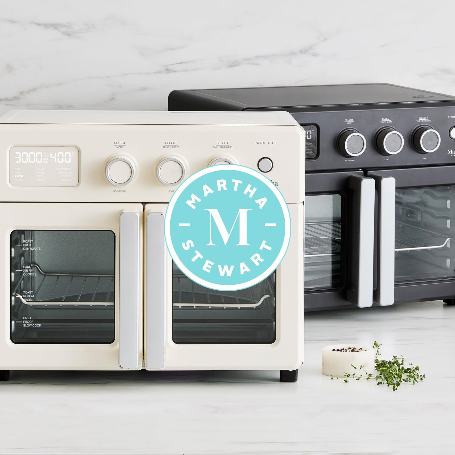 Martha Stewart French Door Air Fryer Toaster Oven Combo, 34QT Countertop Convection, 12-in-1, Bake, Broil, Roast, Fits 12” Pizza, Dehydrate, 5 Accessories, Air Fry Basket, Stainless Steel, Caviar Gray