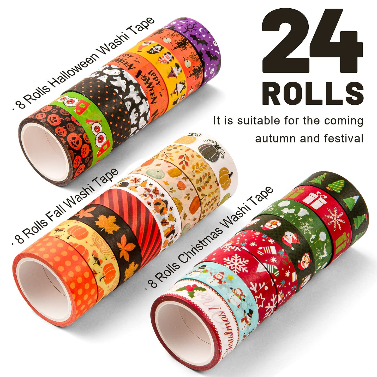 Whaline 24 Rolls Fall Halloween Christmas Washi Tape 3 Holidays Masking Tape Leaves Pumpkin Ghost Snowflake Santa Decorative Tapes for Thanksgiving Autumn Winter Xmas Scrapbook Journal DIY Art Craft