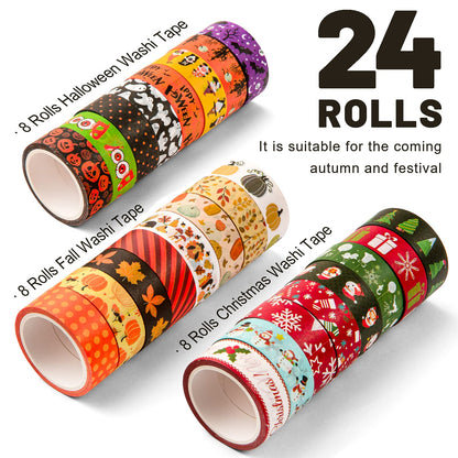 Whaline 24 Rolls Fall Halloween Christmas Washi Tape 3 Holidays Masking Tape Leaves Pumpkin Ghost Snowflake Santa Decorative Tapes for Thanksgiving Autumn Winter Xmas Scrapbook Journal DIY Art Craft