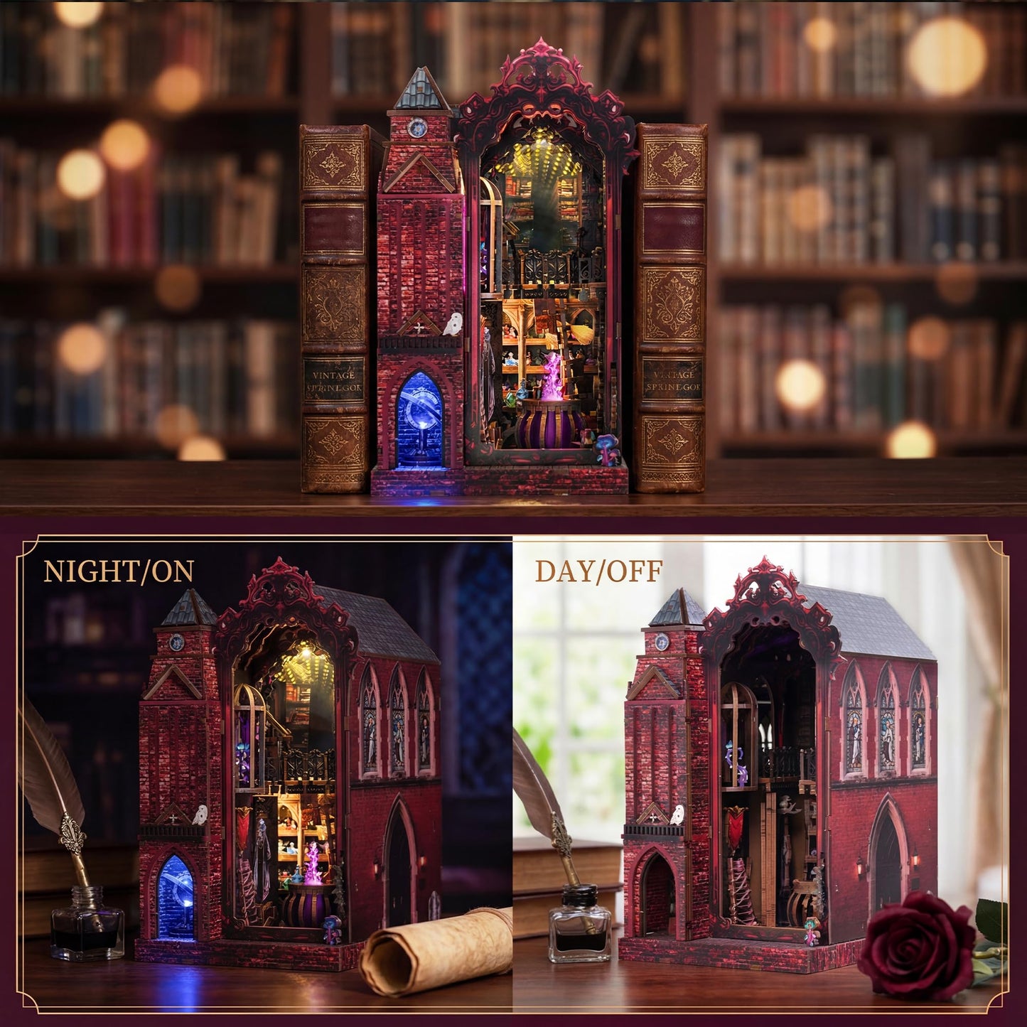 Book Nook Kit, DIY Miniature House Dollhouse Crafts Kit for Adults and Teens, Magic Castle 3D Wooden Puzzle Booknook Build Bookshelf Decor, Gifts for Family and Friends（Arcane Sprire）
