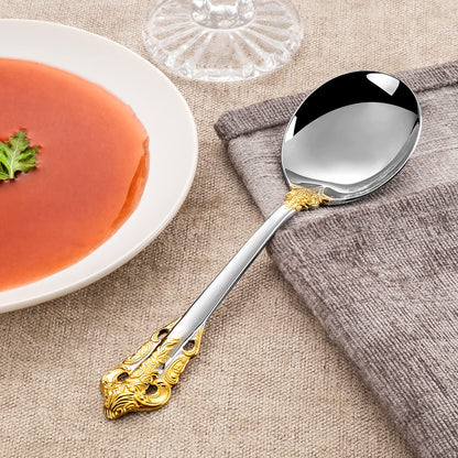 KEAWELL Gorgeous Round Soup Spoon, Set of 4, 18/10 Stainless Steel, Luxury Bouillon Spoon, Dishwasher Safe, Fine Mirror Polished (Gold Accent)
