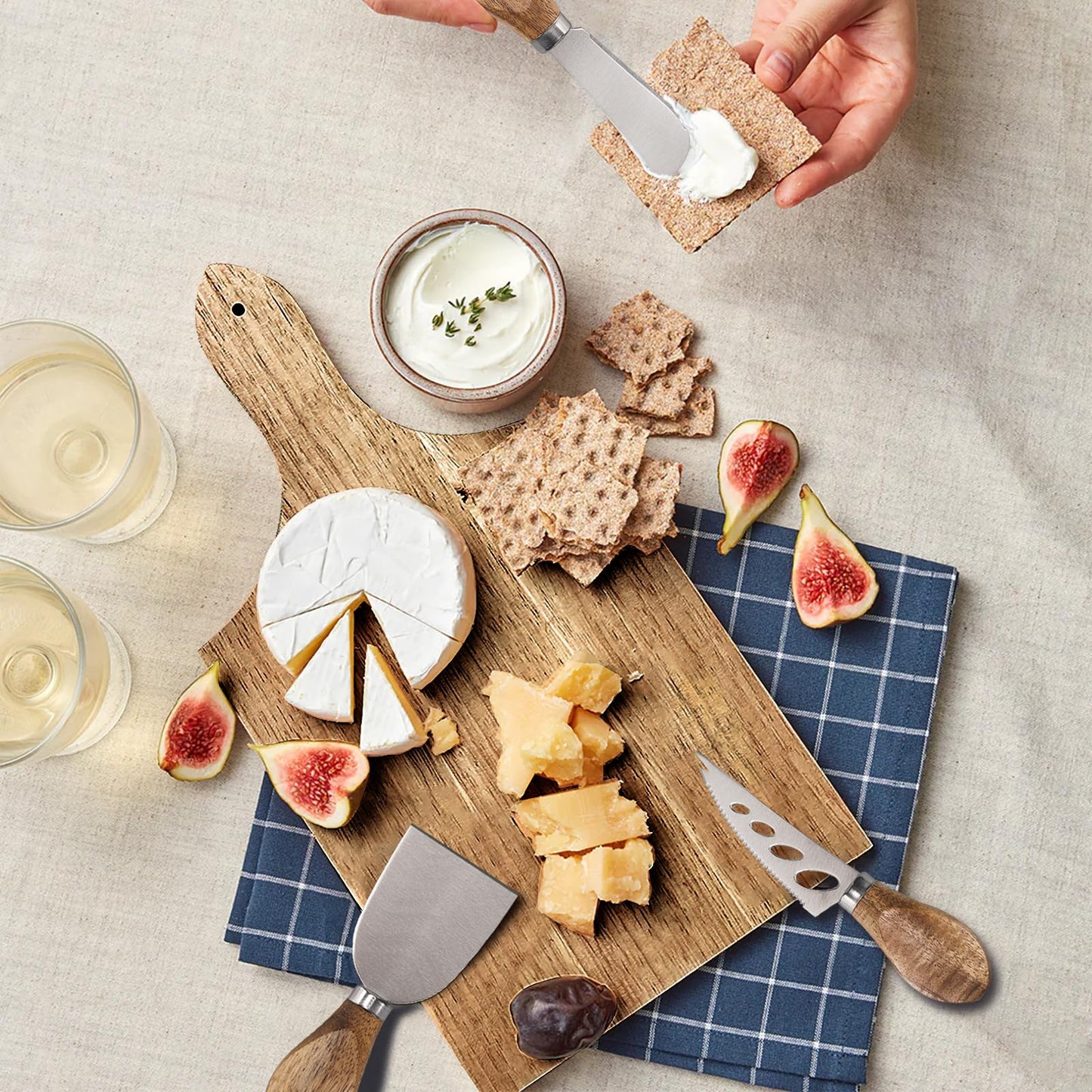 Esie Houzie Charcuterie Board Accessories - 6 Piece Cheese Knife Set Stainless Steel With Acacia Wooden Handle for Cheese Serving Cutting, Cheese Tools Butter Knife With Storage Bag Included Gift Set