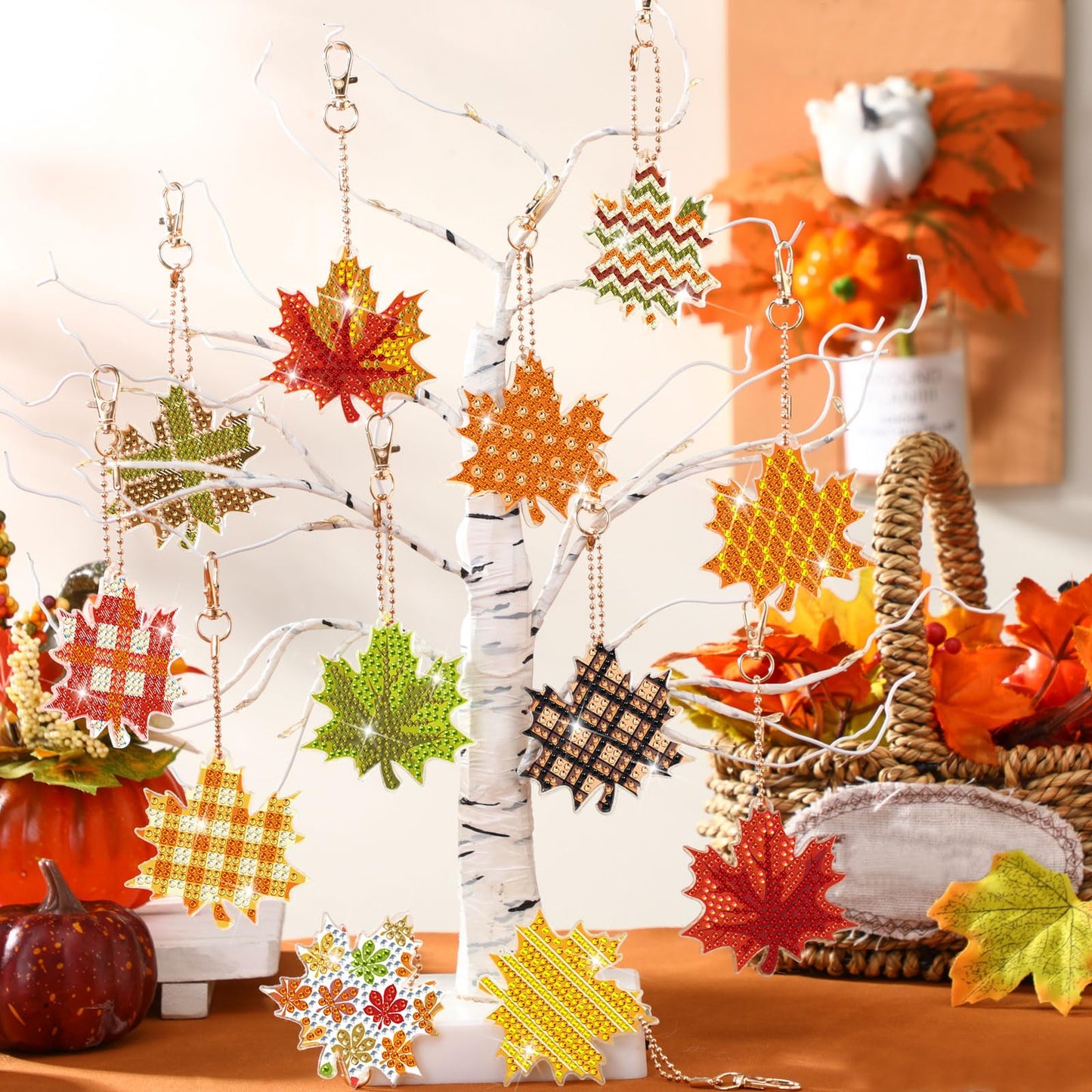 WILLBOND 30 Pcs Fall Thanksgiving Diamond Art Keychains Double Sided DIY Maple Leaf Fall Diamond Painting Keychain Ornaments Kits for Adults Key Ring Art Pendant Thanksgiving Tree Decor