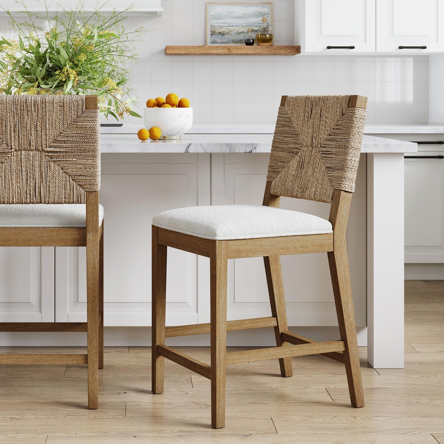 Nathan James Beacon Bohemian Boucle Bar Stool, Upholstered Counter Height Chair with Solid Wood Frame and Woven Seagrass Back for Kitchen Island, Light Brown/Seagrass/Cream Boucle
