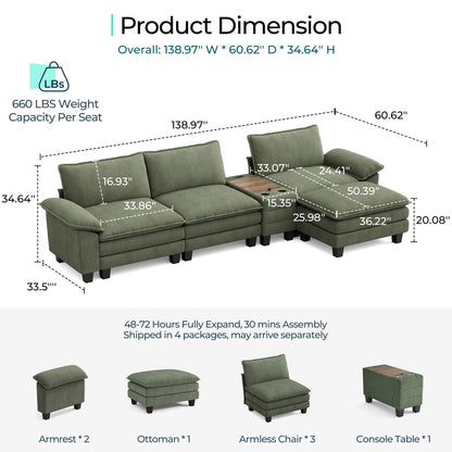 LINSY HOME Modular Sectional Sofa for Living Room, Corduroy Cloud Couch with Storage Console, USB Charging, Cup Holders, Comfy Modern Modular Cloud Couches with Movable Ottoman (Green)