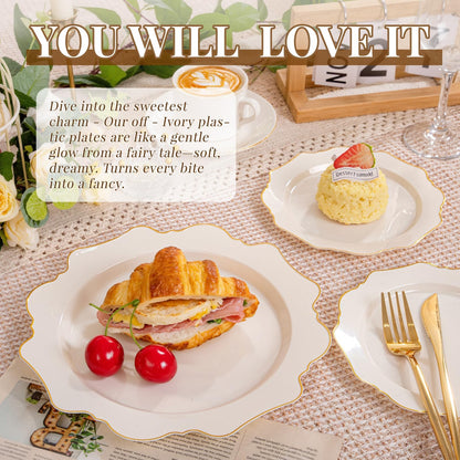 WDF 200PCS Ivory Plastic Plates with Gold Rim - Cream Plastic Plates - Include 100 Dinner & 100 Dessert Fancy Disposable Plate for Party - Heavy Duty Plate for Wedding/Baby Shower/Spring/Mother's Day