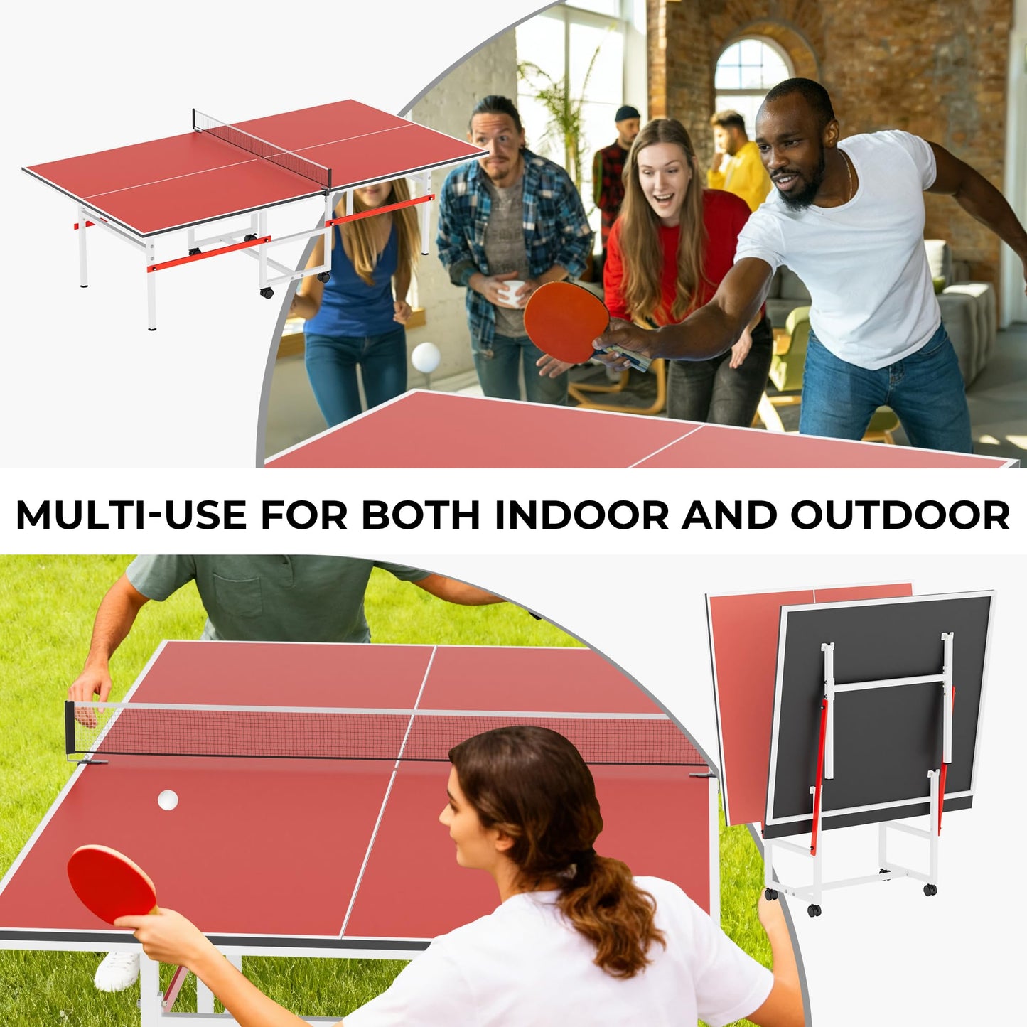 8FT Table Tennis Table with Net, Indoor/Outdoor Professional Ping Pong Table for Kids Adults, Folding Ping Pong Table, Complete Set with Paddles and Balls, School Playground Game Table (Red)