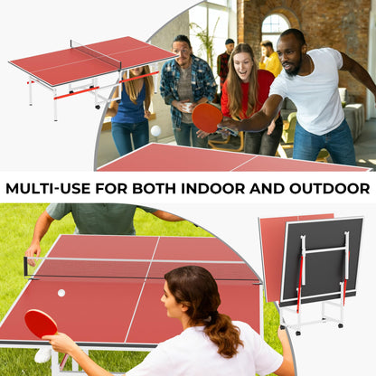 8FT Table Tennis Table with Net, Indoor/Outdoor Professional Ping Pong Table for Kids Adults, Folding Ping Pong Table, Complete Set with Paddles and Balls, School Playground Game Table (Red)