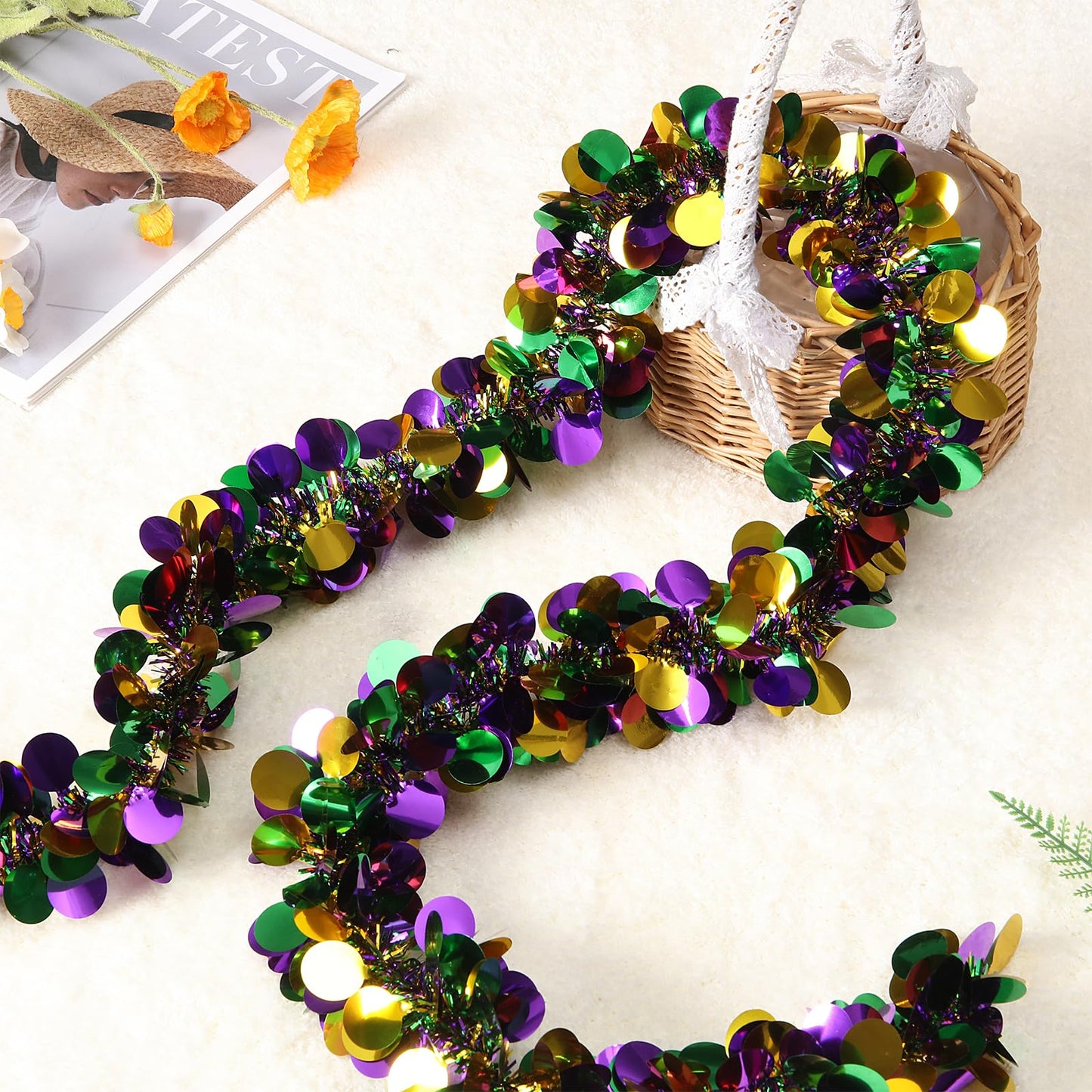 Ohiyoo 100 Feet Mardi Gras Tinsel Garland Gold Green Purple Garland Mardi Gras Christmas Tree Tinsel Metallic Twisted Hanging Streamer for Oktoberfest Birthday Party Decoration