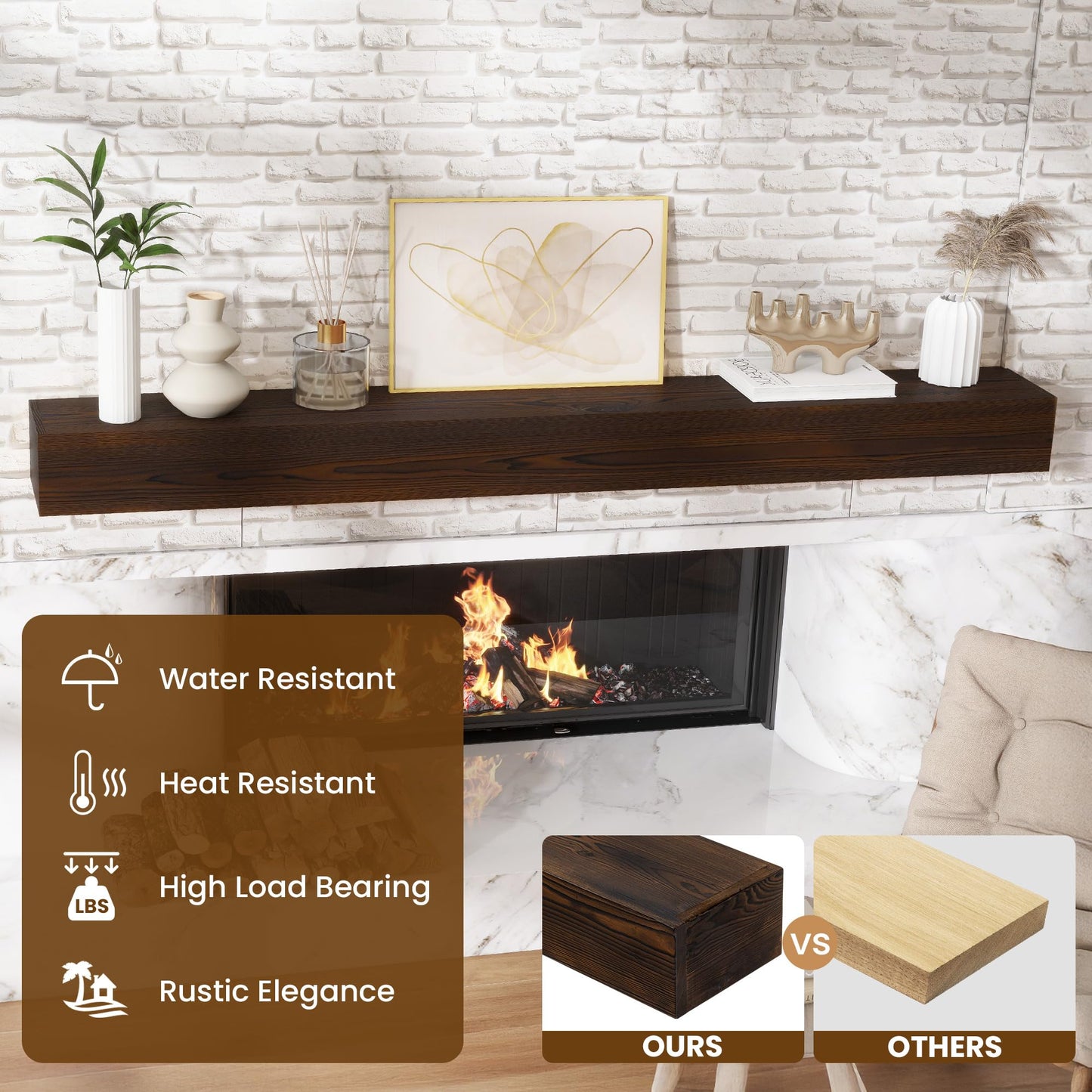 Acovy Floating Fireplace Mantel Shelves, 84x8x5 Inches Natural Wooden Floating Shelf for Over Fireplace, Wall-Mounted Mantel Shelf for Living Room and Home Decor, Rustic Brown