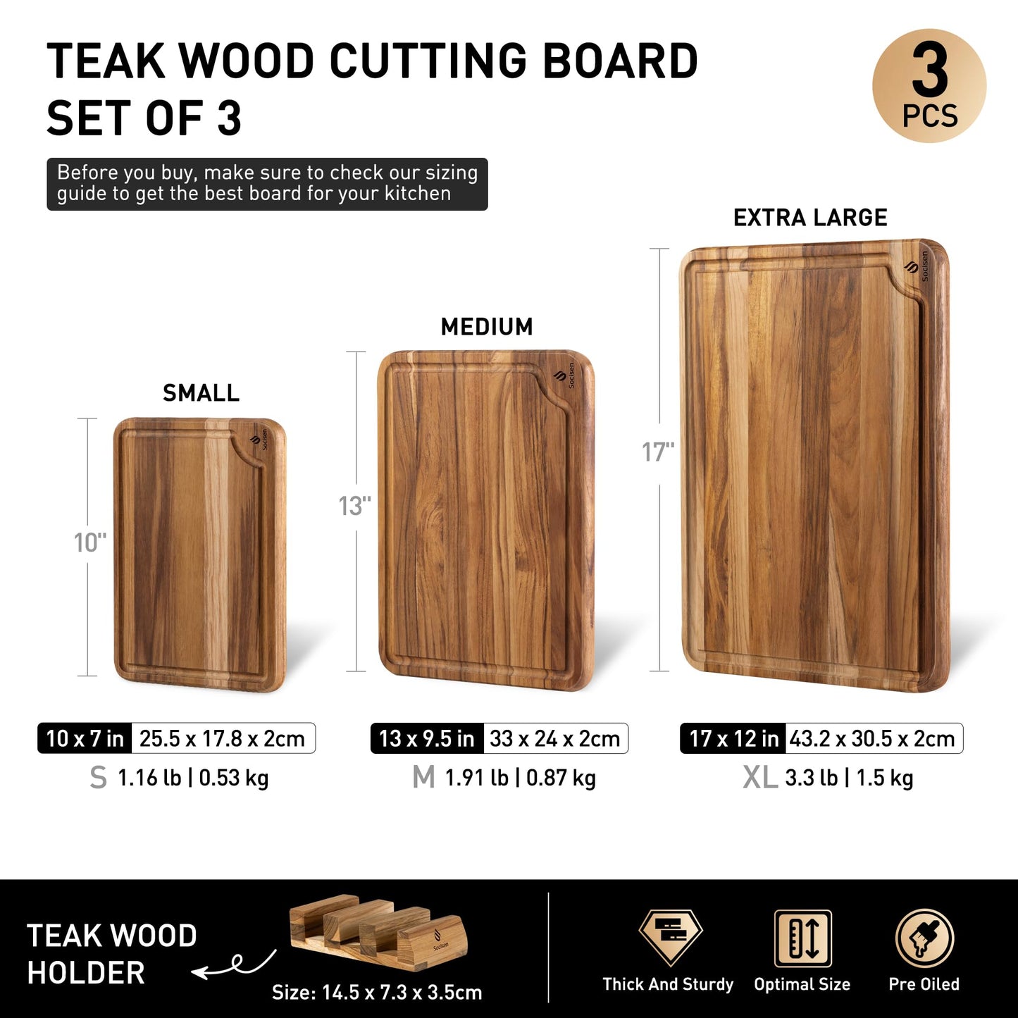 3 Pack Teak Wood Cutting Board Set for Kitchen Charcuterie Board Serving Heavy Duty Non Toxic Slip Over Sink Solid Thick Haus Wooden Chopping Board Large Big Small Meat Best Kitchen Essential Gift