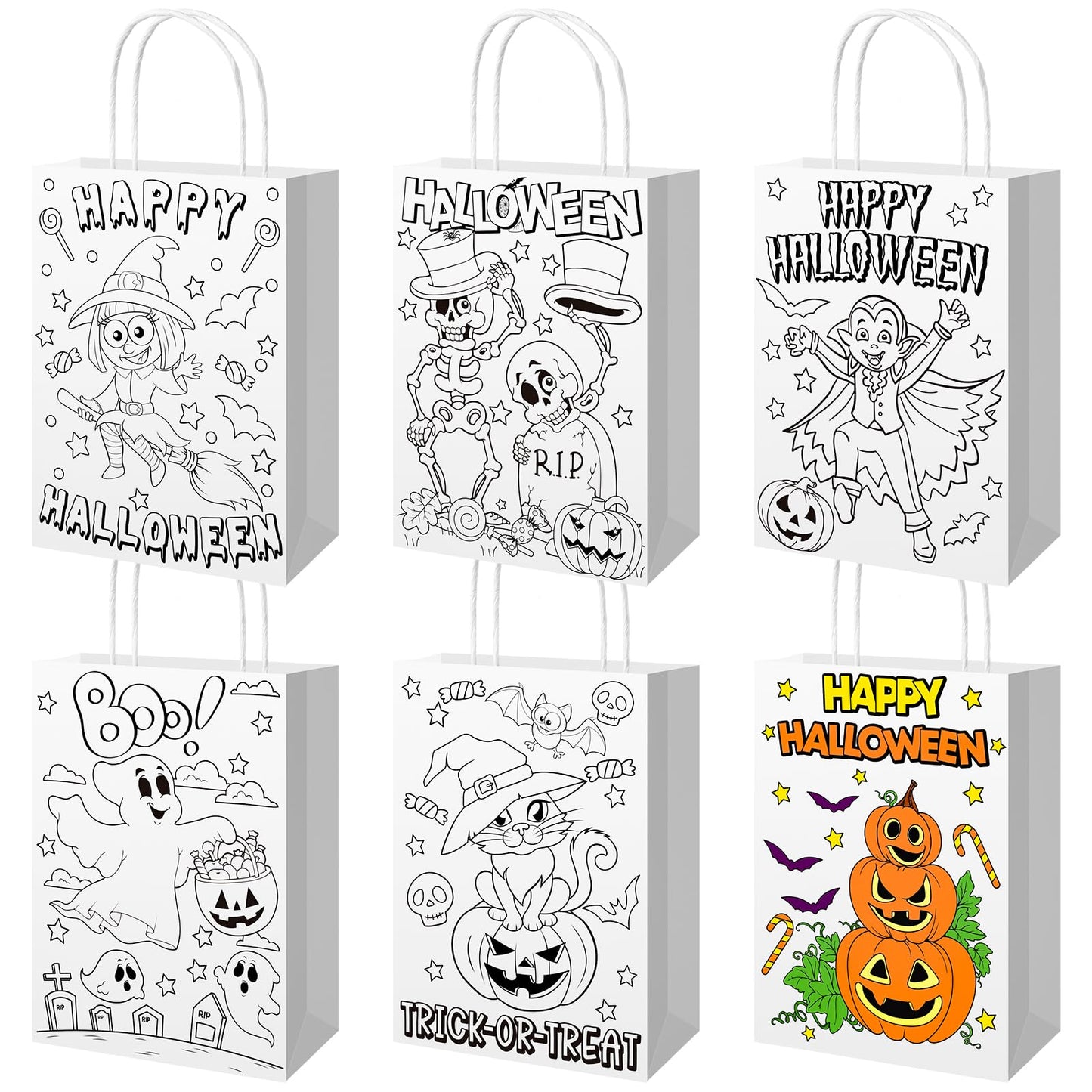 Zhanmai 24 PCS Happy Halloween Coloring Bags - Color Your Own Paper Gift Bags with Handle - DIY Craft Party Favor Bags for Goodie Treat Gift