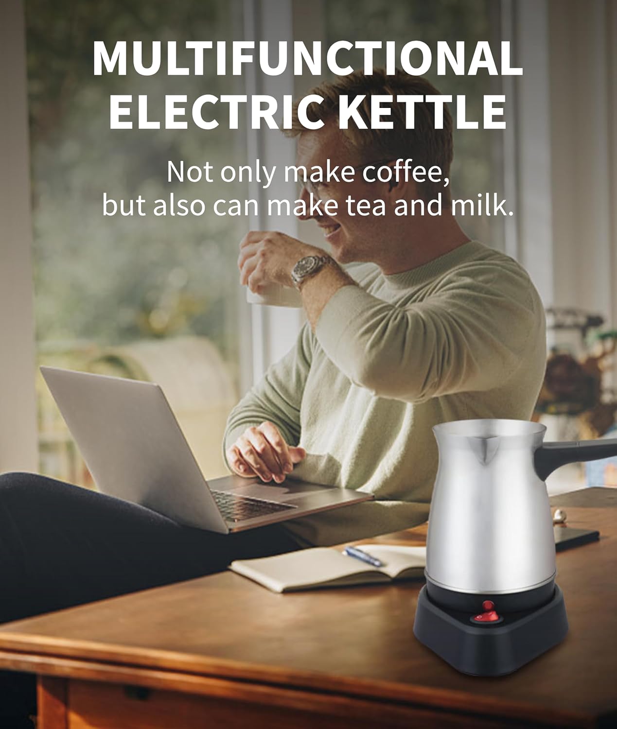 Electric Turkish Coffee Maker, 600ml Stainless Steel Pot, 5 to 6 Cup Capacity, Ergonomic Handle