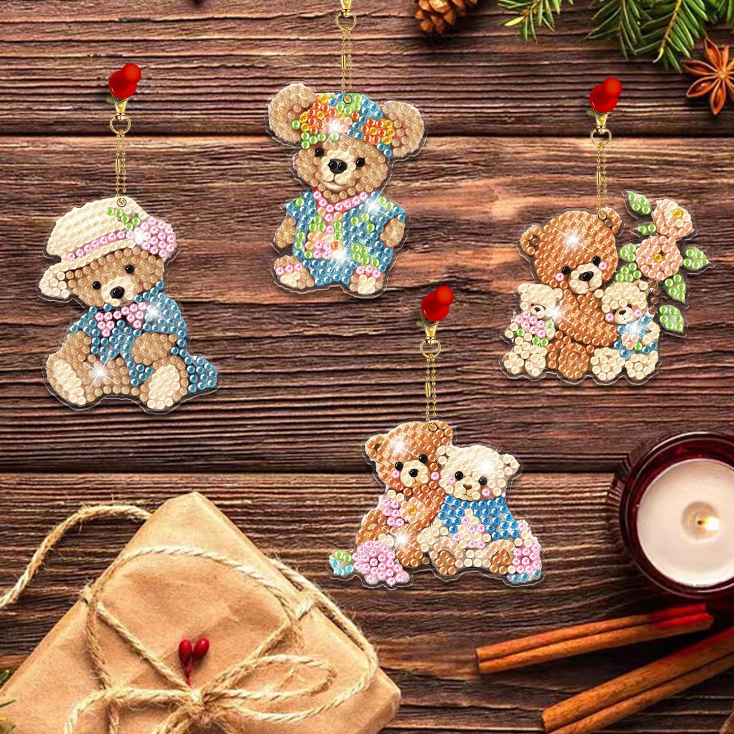 YUE ZHE 8 PCS Diamond Painting Keychains Double Sided Bear Diamond Art Kits for Adults DIY 5D Painting Keychains Ornaments for Adults Beginners DIY Crafts Decor