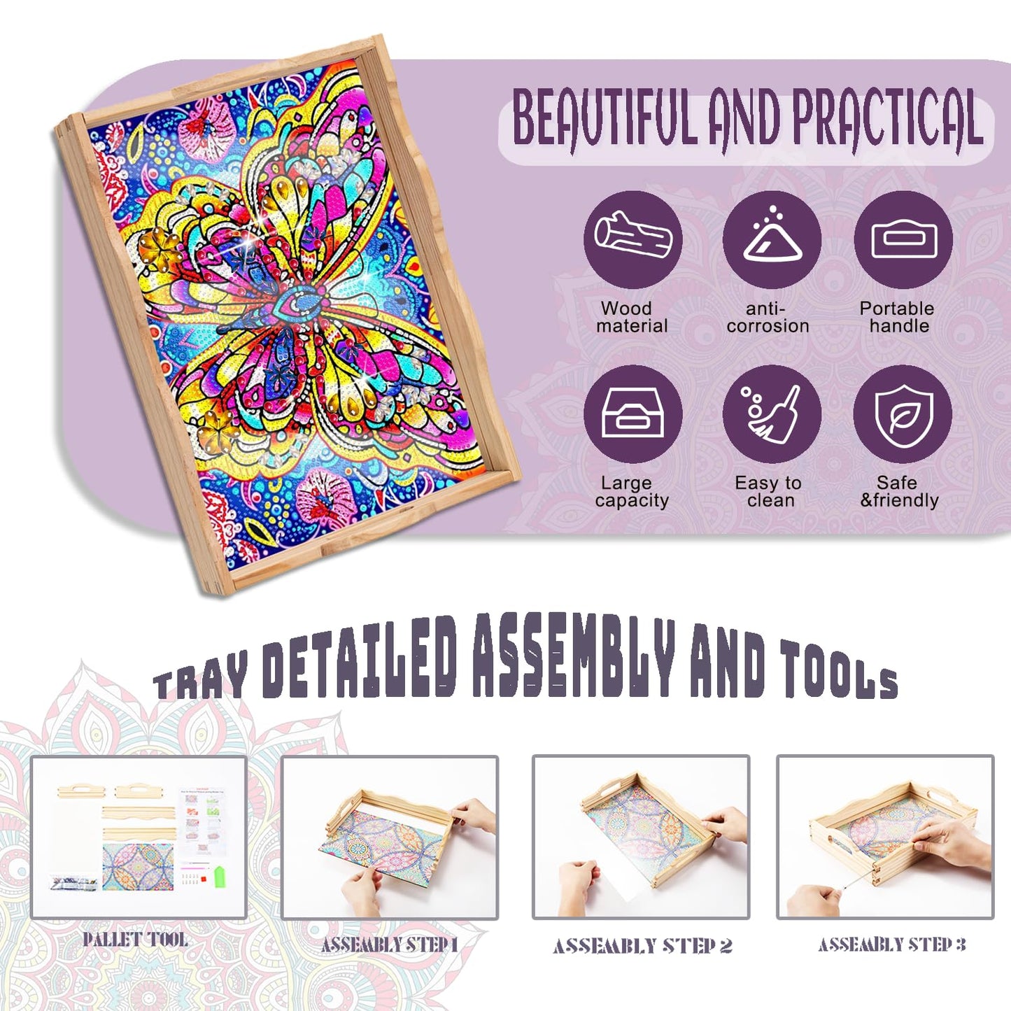 EWJRNSF Diamond Art Kits for Adults Wooden Serving Trays with Handles, 5D Diamond Painting Big Gem Arts and Craft Gifts Trays Decor Gift Home Decor 9.8x13.8 Inches Butterfly A