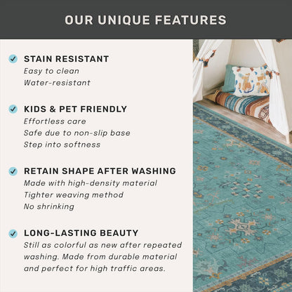 Teal Boho Living Room Rug by [Brand Name] - Washable 10x12 Soft Floral Area Rug, Non-Slip & Stain Resistant