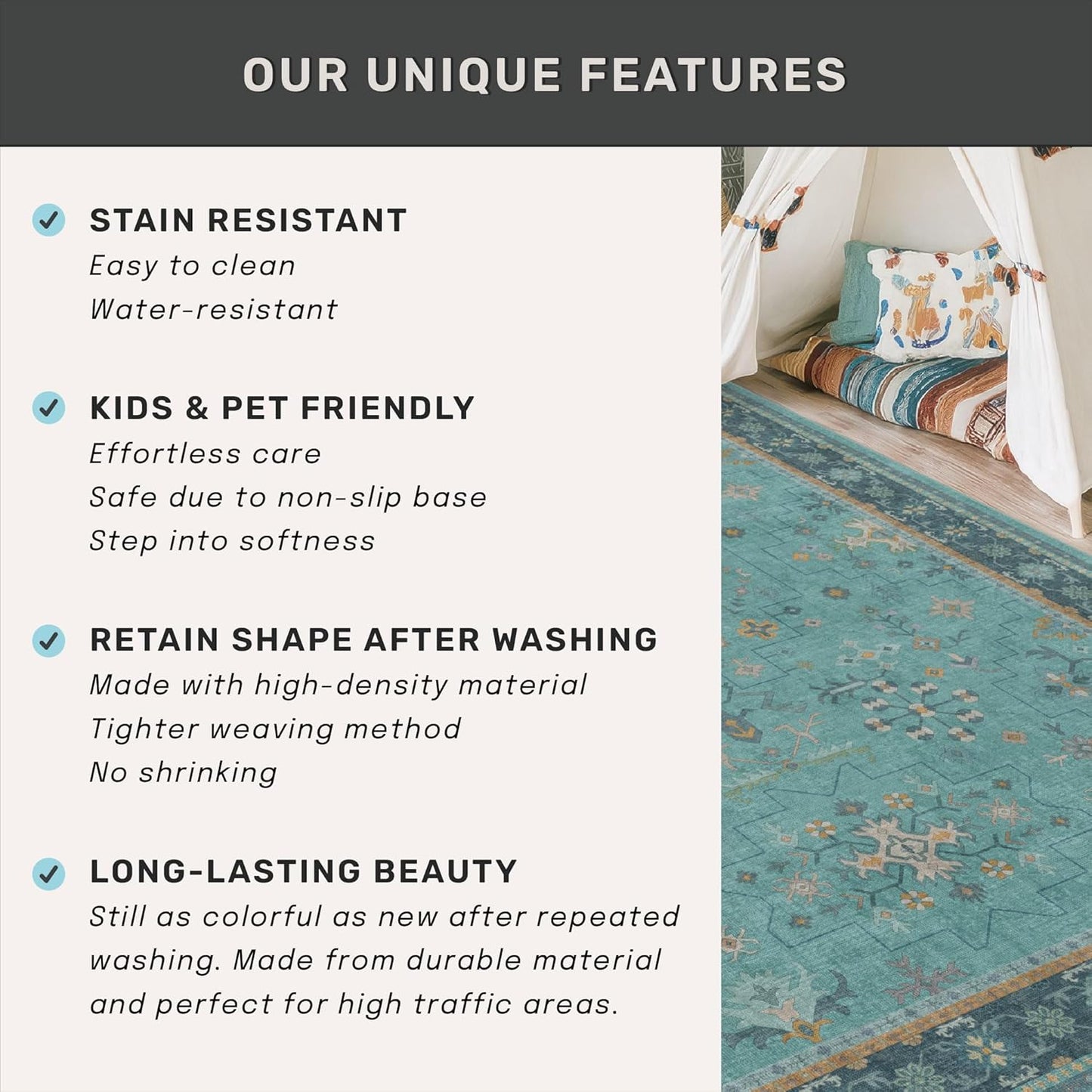 Regine Switzerland Washable Large Teal Boho Living Room Rug - Soft Floral Area Rug, Non-Slip & Stain Resistant, 10x12