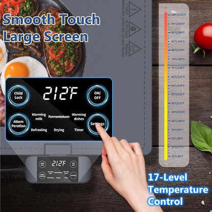 17 Setting 6 Waterproof Electric Food Warming Mat, Food Grade Silicone Warming Tray with Temp and Hours Timer, Full