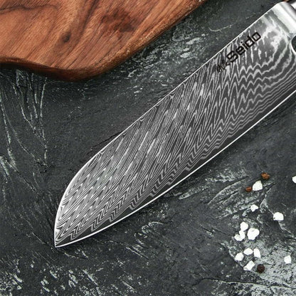 Seido Knives 7-Piece Executive Damascus Steel Knife Set with Japanese VG-10 Super Steel Core - Home Kitchen Knife Set - Professional Design Handle Blue Resin Epoxy and Strong Stabilized Wood