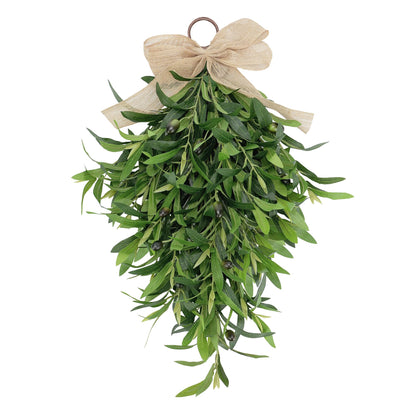 Artificial Olive Teardrop Swag Wreath for Front Door - 22 Inch Faux Greenery Wall Decor with Burlap Bow - Farmhouse Olive Branch Swag for Indoor Kitchen Entryway Wedding Arch