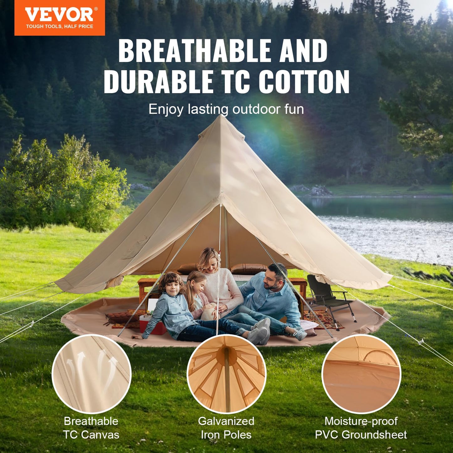 VEVOR Canvas Bell Tent, 4 Seasons 3 m/9.8ft Yurt Tent, Canvas Tent for Camping with Stove Jack, Family Camping Outdoor Hunting Party
