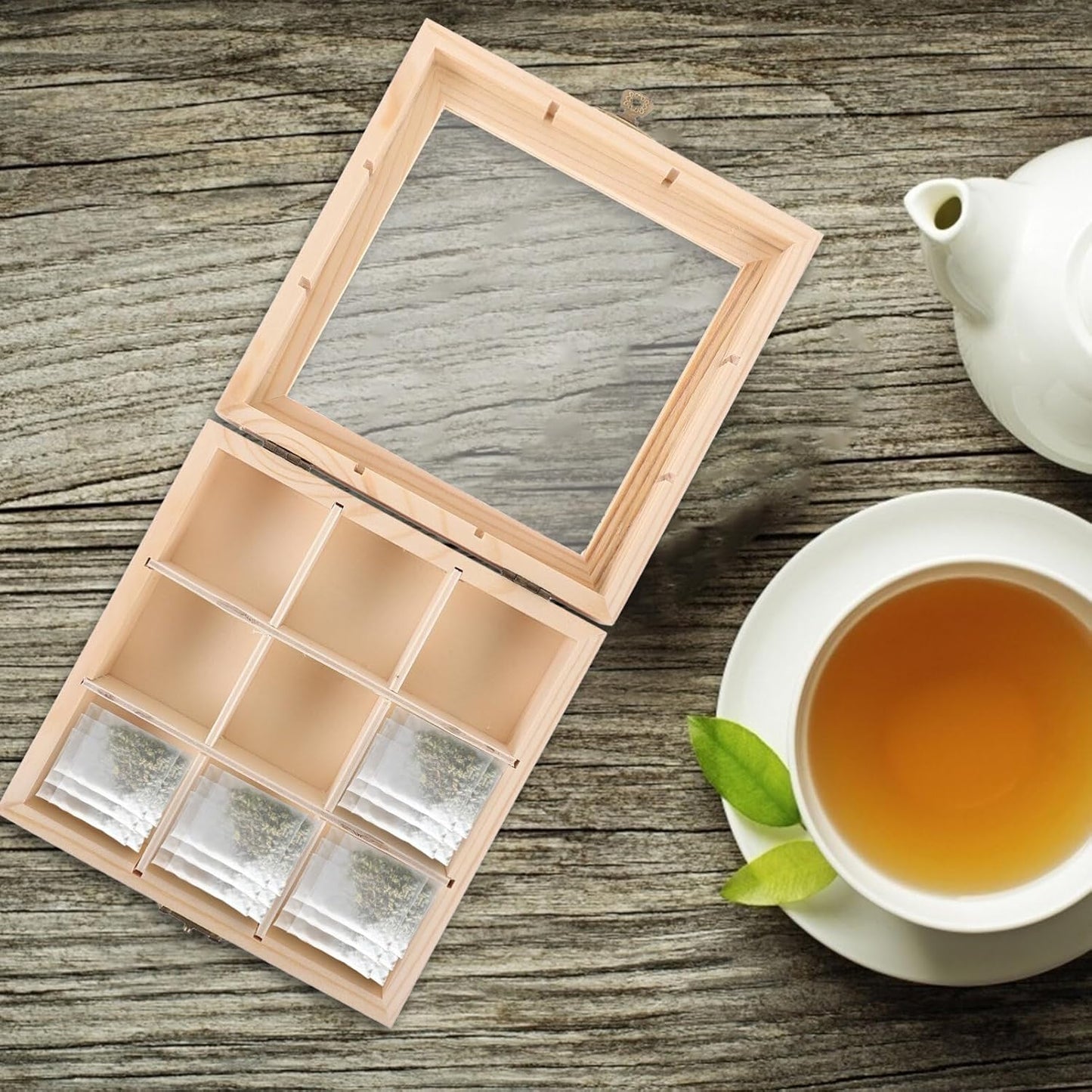 Ciieeo Wood Tea Storage Organizer with Clear Acrylic Top, 9 Compartments for Tea Bag Storage
