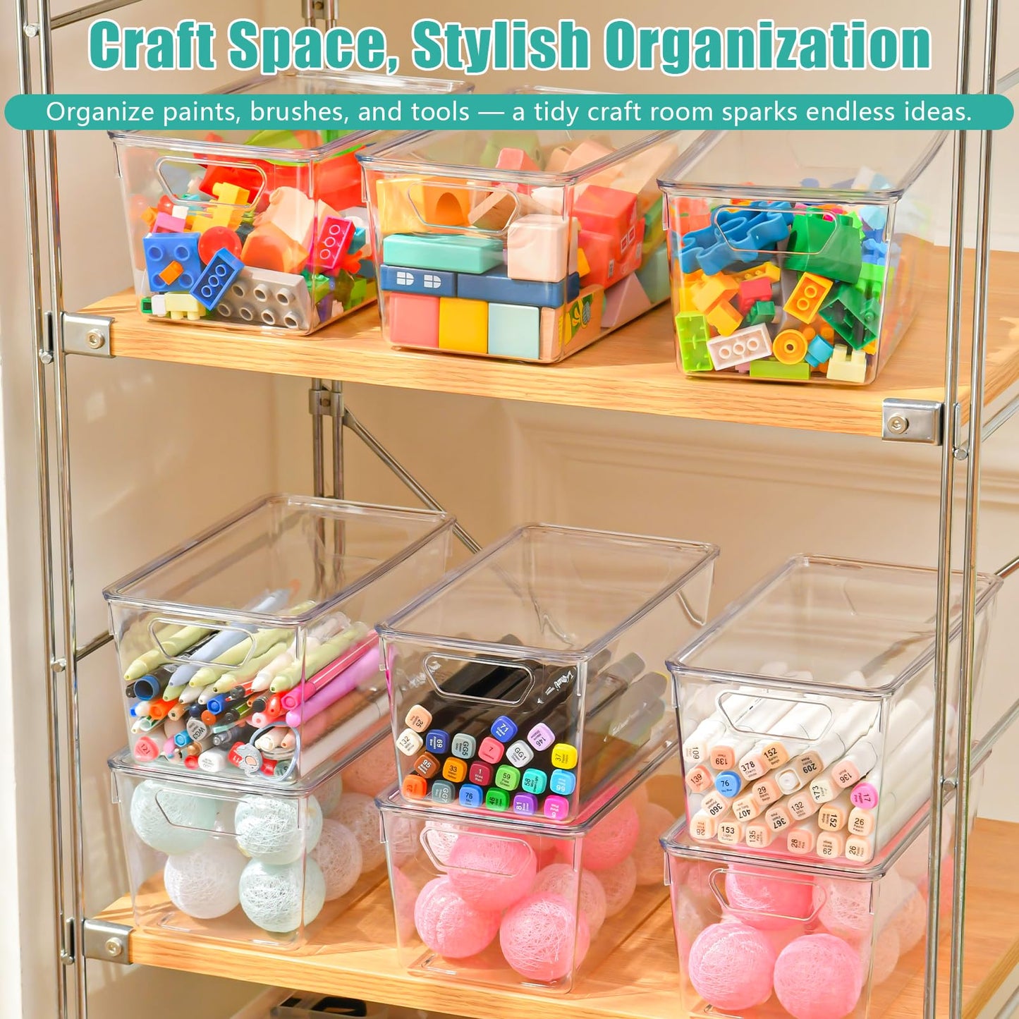 6 Pack Small Clear Storage Bins with Lids, Acrylic Arts and Craft Storage Containers, Stackable Clear Plastic Craft Storage Bins with Handles for Pantry Organizers and Storage, Kitchen, Fridge, Office