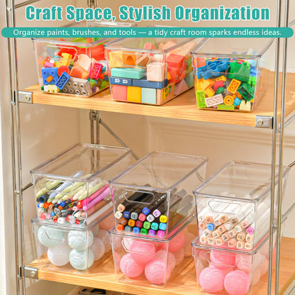 6 Pack Small Clear Storage Bins with Lids, Acrylic Arts and Craft Storage Containers, Stackable Clear Plastic Craft Storage Bins with Handles for Pantry Organizers and Storage, Kitchen, Fridge, Office
