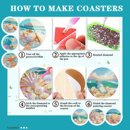 Leatrice Ocean Diamond Art Coasters Set of 6, Small Diamond Painting Kits for Adults Beginners Women, Gem Art Coasters with Holder, Funny Arts Supplies for Kitchen Decor