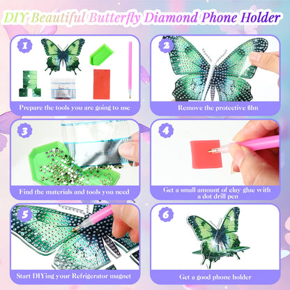 Kenning 8 Pcs Butterfly Diamond Painting Cell Phone Stand DIY 5D Full Crystal Acrylic Spring Diamond Art Phone Holders Kits for Beginner Adult DIY Craft Butterfly Lover Gifts