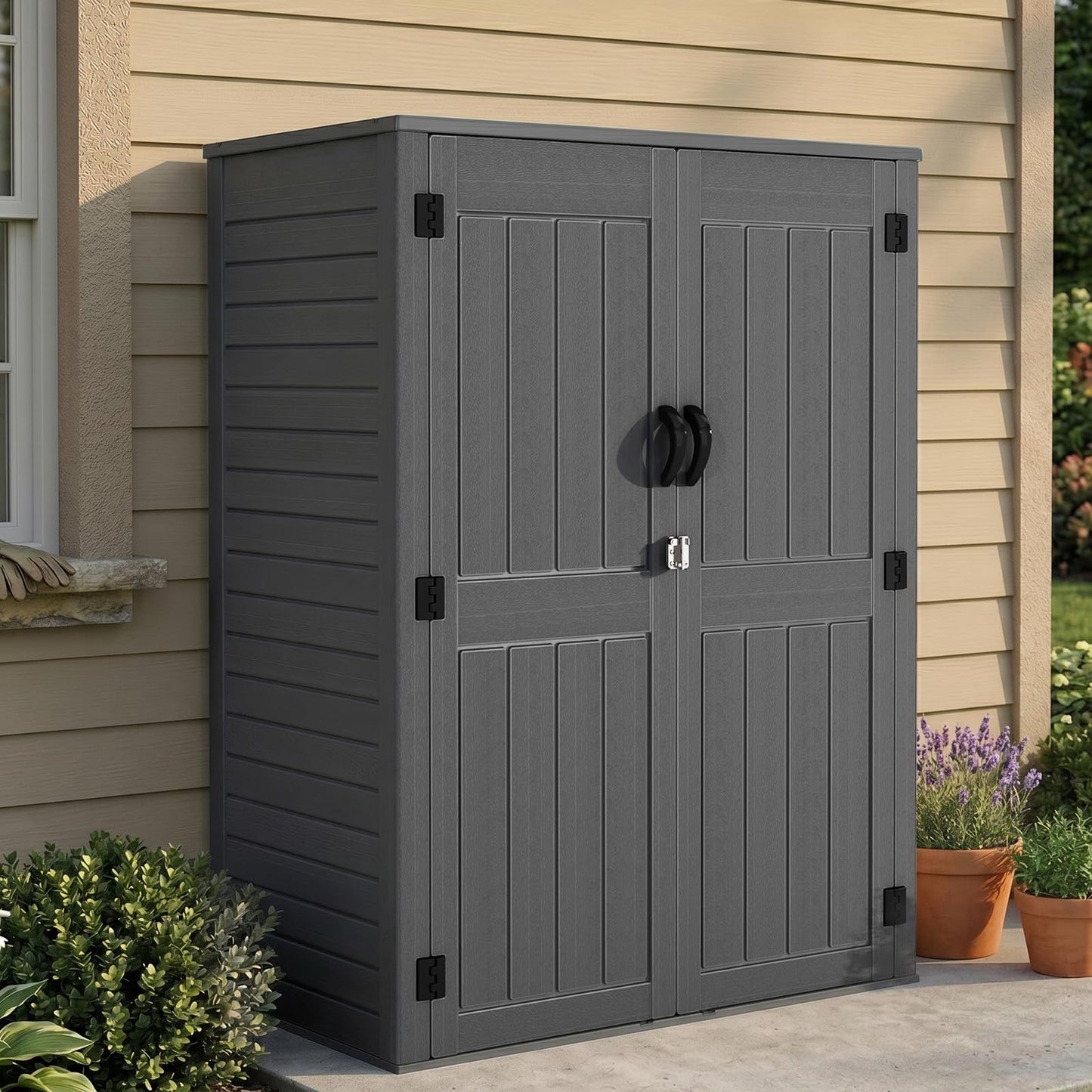 EHHLY Vertical Resin Storage Shed, 60 Cuft Garden Tool Sheds & Outdoor Storage, Plastic Outdoor Storage Cabinet Waterproof, 4.5 x 2.3 ft Backyard Outside Lawn Mower Storage Shed, Grey