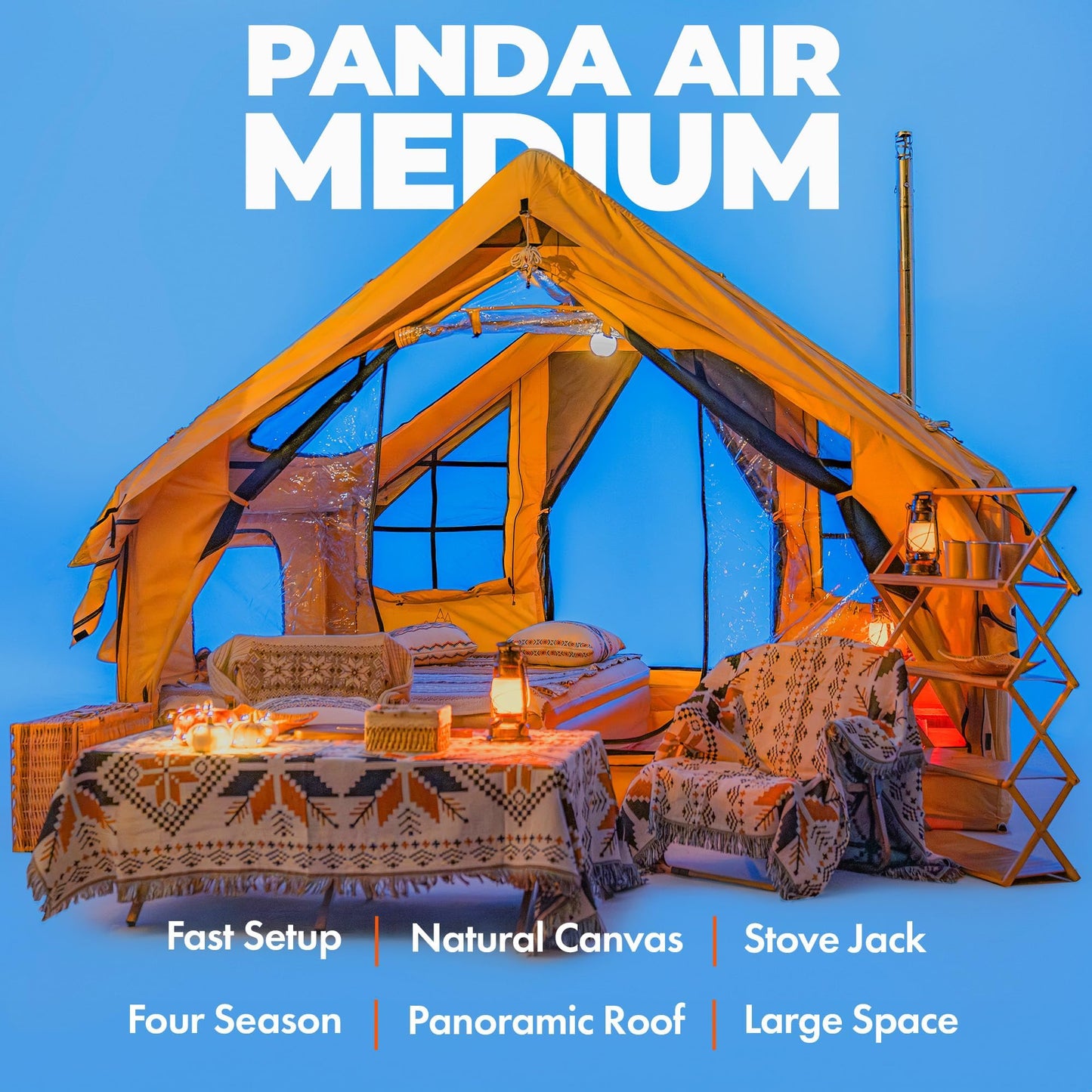 RBM Outdoors Panda Air Medium Inflatable Canvas Camping Tent for 2–4 People – Air Beam Tent with Stove Jack, Fast Setup, Hand Pump Included, Beige, Set