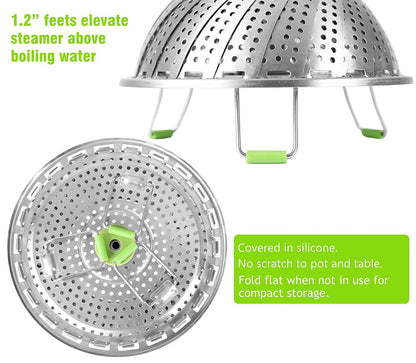 Consevisen Vegetable Steamer Basket for Cooking Food, Stainless Steel Veggie Steam Basket for Pot, Folding Expandable Steaming Insert with Extendable Handle Fits Various Size Pot, 5.1" to 9"
