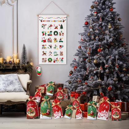 LYSXP Christmas Advent Calendar - 2025 Countdown Fabric Wall Hanging with 24 Pockets | 13x23.5 Inch & 15 Candy Bags