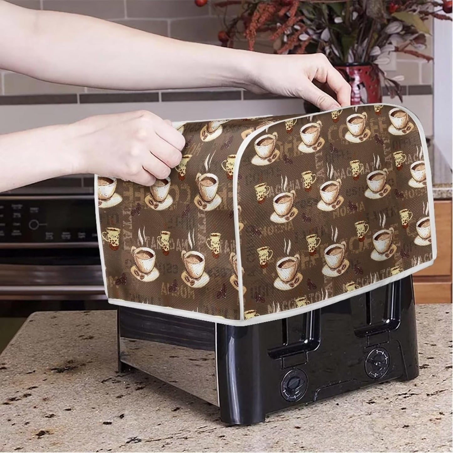 Coffee Design 4 Slice Toaster Dust Covers, Long Slot Decorative Lotus Print, Stain Resistant Appliance Cover