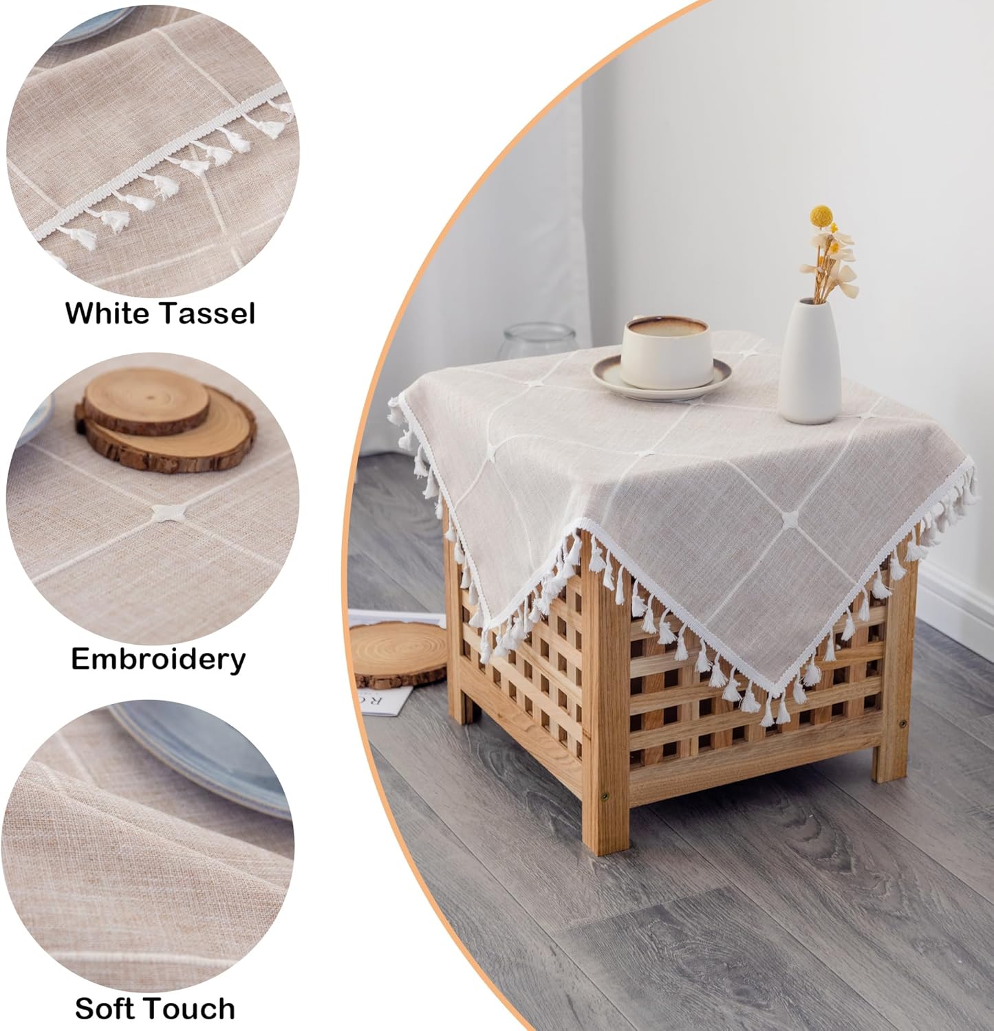 24x24 Inch Cotton Linen Small Square Tablecloth Boho Wrinkle Free Washable Plaid Table Cover with Tassels Brown