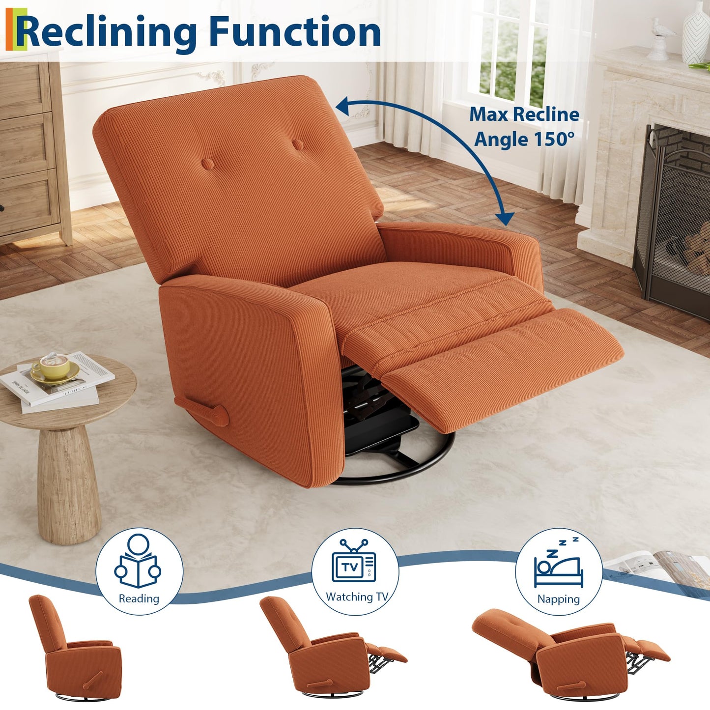 GarveeHome Recliner Chairs, Swivel Rocker Recliner, Glider Recliner Nursery Chair for Adults, 360° Swivel Glider Rocking Chair for Living Room, Bedroom, Office, RV, Small Spaces, Corduroy, Orange