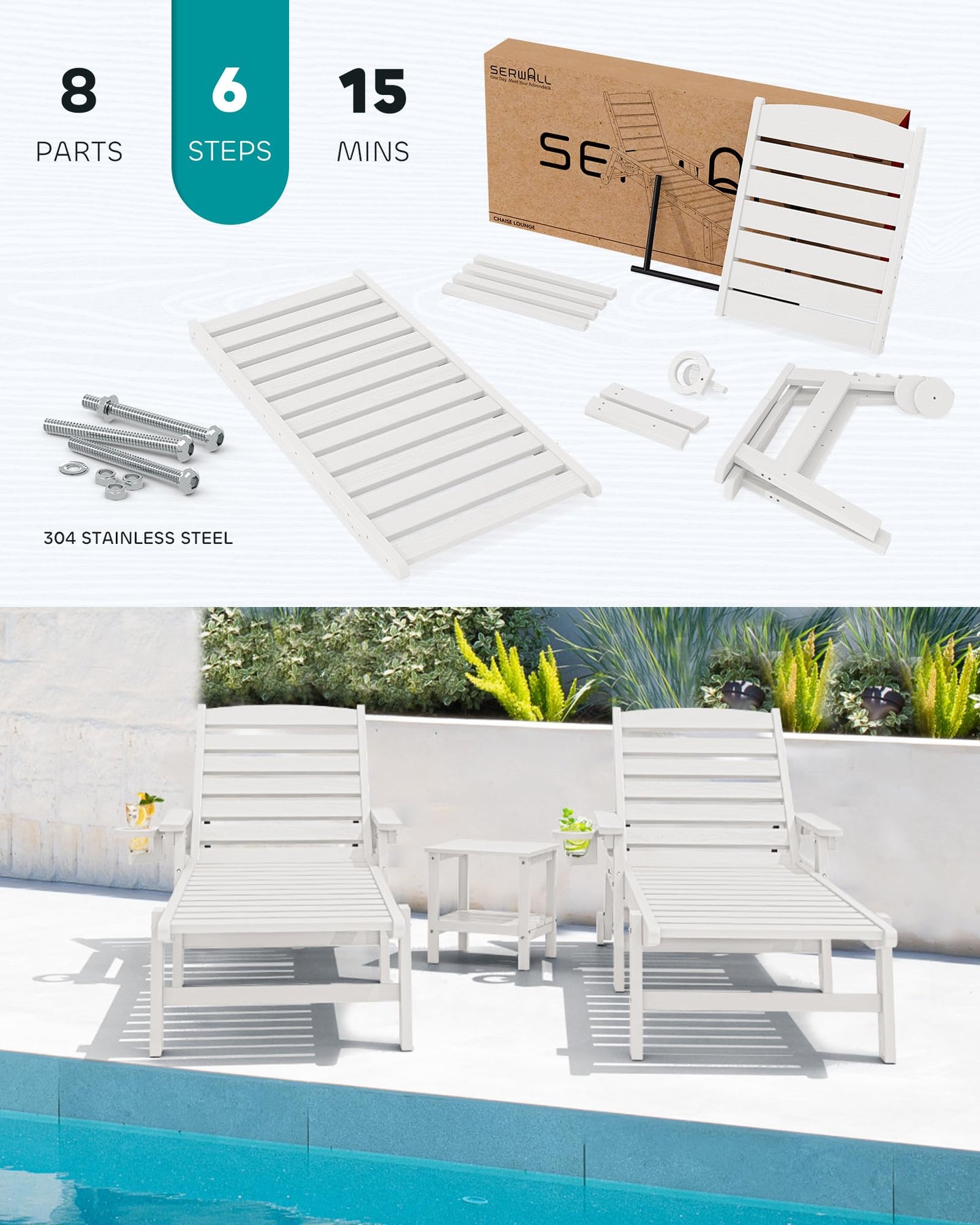 SERWALL Patio Chaise Lounge Chair Set of 4, 5 Positions Adjustable Poly Outdoor Lounger for Pool, HDPE Lounge Chair with Rolling Wheels & Cup Holder for Poolside, Deck, White