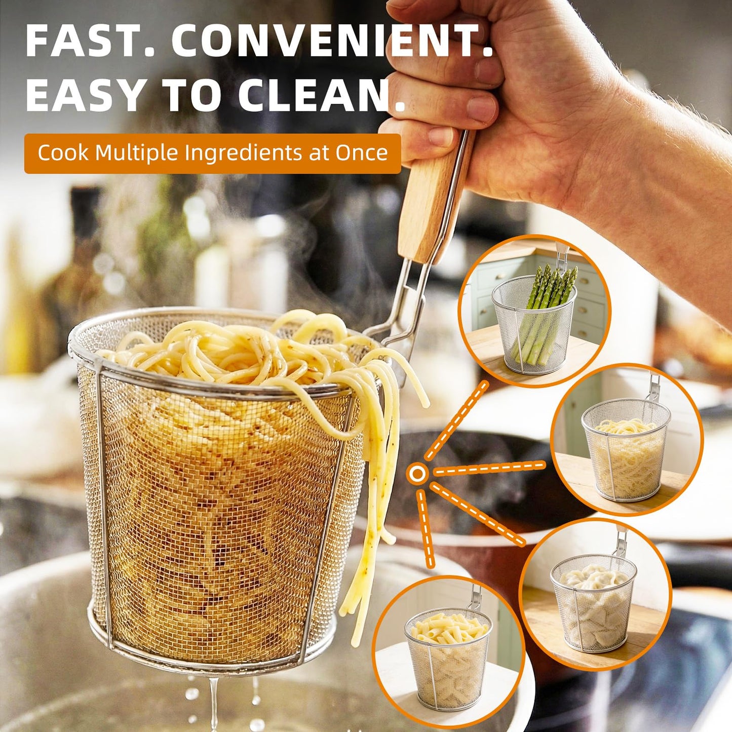 Pasta Strainer 2 Pcs - Noodle Strainer with Wooden Handle, 10.8in Cooking tweezers, Pasta Basket Boiling Food Pasta Gnocchi Ravioli