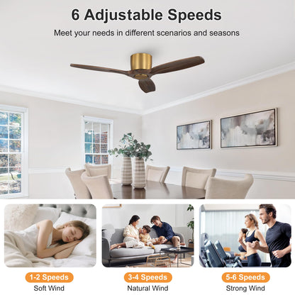 WINGBO 48" Flush Mount Ceiling Fan No Light - 3 Carved Solid Wood Blades, 6-Speed Reversible DC Motor, Dimmable, 3CCT, Low Profile Ceiling Fans without Lights for Bedroom Living Room, Gold and Walnut