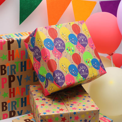 BIOBROWN Kraft Birthday Wrapping Paper, Colorful Gift Wrap with Text Happy Birthday Balloon Stripes Design for Kids, 17 inch X 120 inch Per Roll